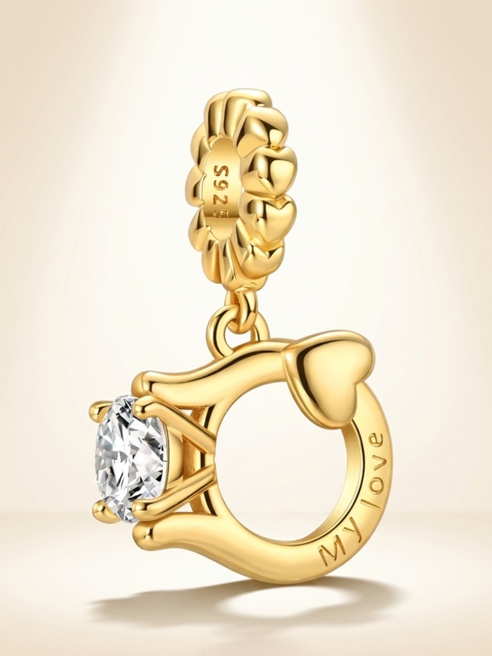 S925 Silver 14K Gold Plated Solitaire Ring Dangle Charm Fits Pandora Gift